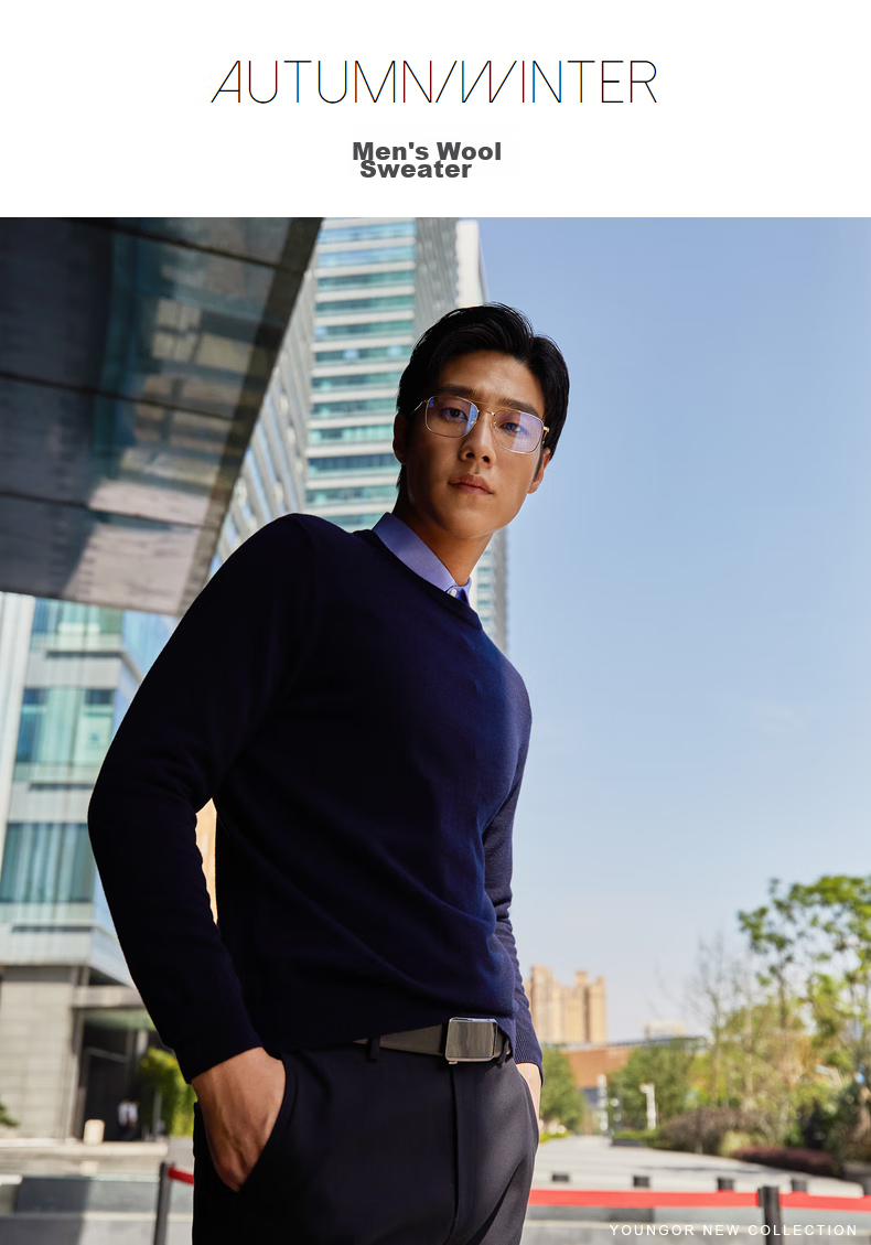 YOUNGOR [100% Wool] Autumn And Winter Men's Warm Business Casual Round Neck Sweater VYQW639994FYA, Navy Blue, S 1