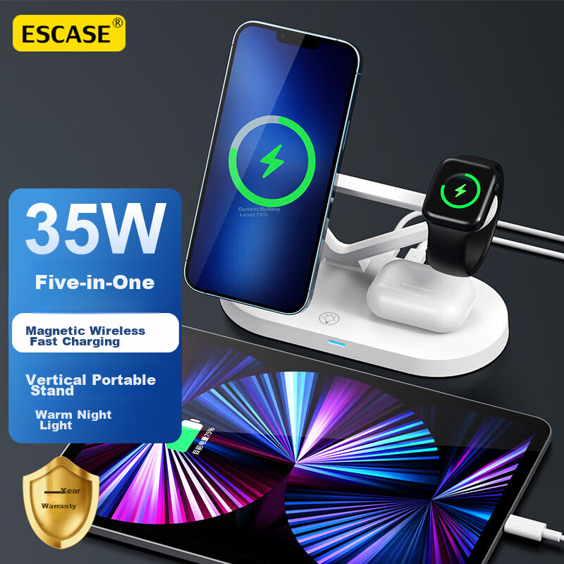 ESCASE Five-In Wireless MagSafe Magnetic Charger for Apple IPhone 16 Pro Max, Watch, Earphones, 15W Fast Charging Stand WBF-32 White