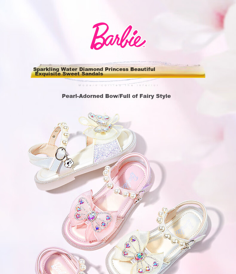Barbie Children's Shoes, Summer Kids' Sandals, Girls' Butterfly Bow Open-Toe Sandals, Crystal Shoes DA5939, Light Purple, Size 28 1