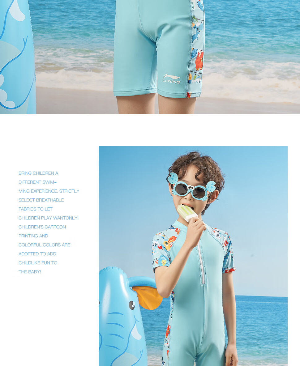 Li-Ning Children's Swimsuit, Boys' One-Piece Swimwear, Square-Leg Short Sleeve, Swimming Training Swimwear, 720 Blue, Size 140 2