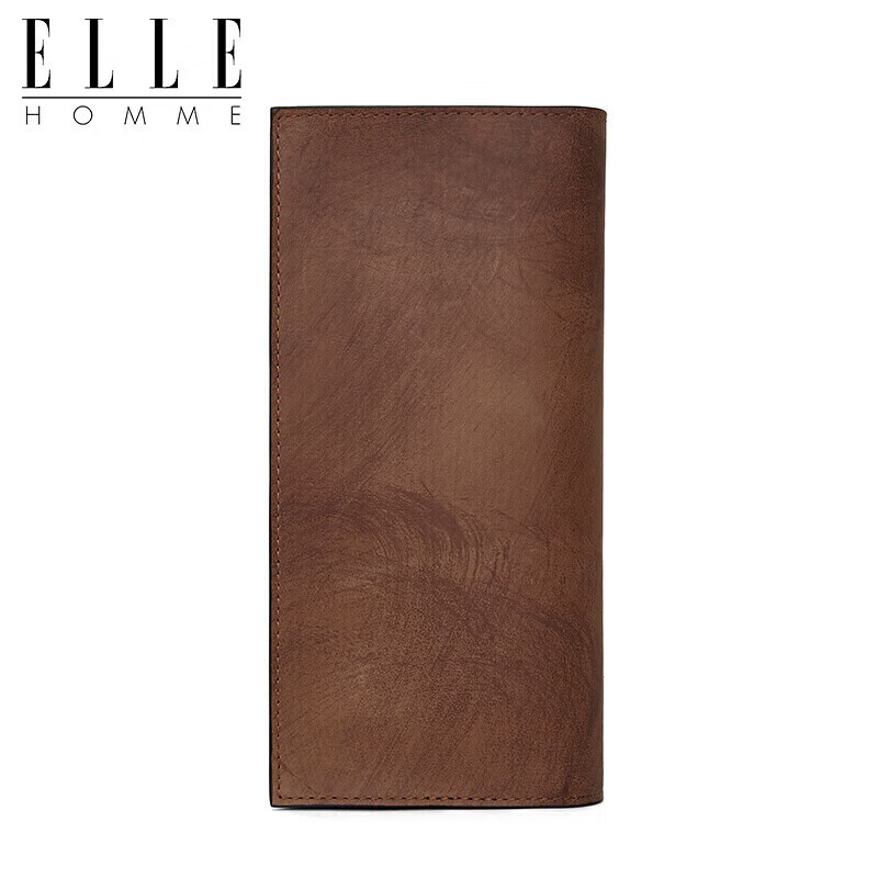 ELLE HOMME Men's Wallet, Long Style, Top-Grain Leather, Multi-Card Slots, Vintage Two-Fold Bill Holder, 0312 Brown, Birthday Gift for Me
