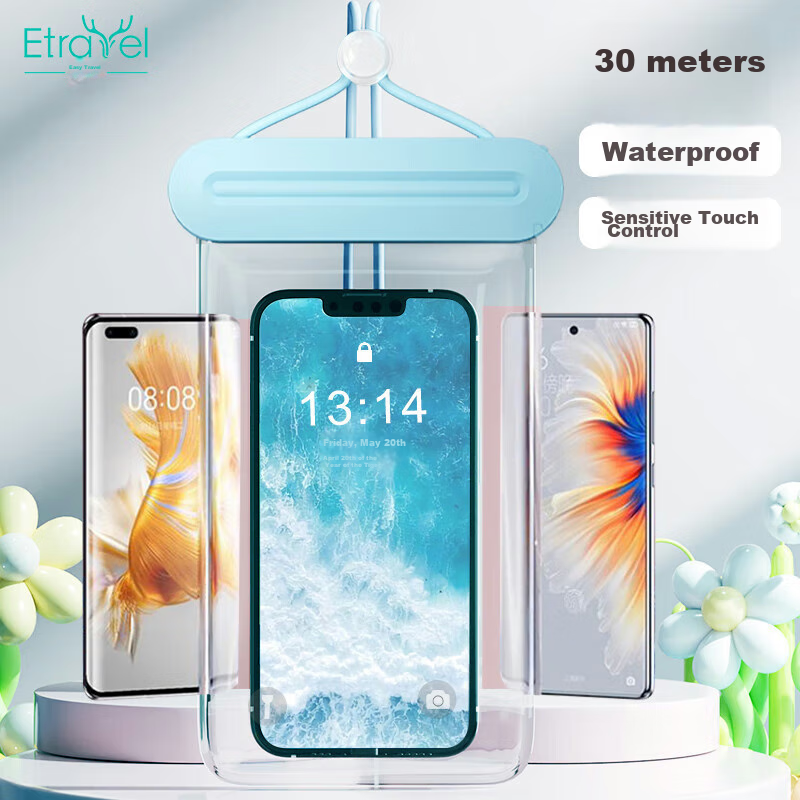 Etravel Waterproof Phone Case, Touchscreen Compatible, Dust-Proof, Swimming, Rafting, Lanyard, Food Delivery, Rain Protection, Underwater Photography, Blue