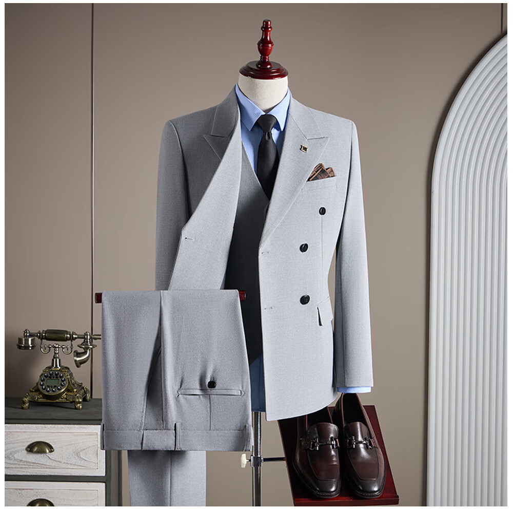 ROMON Men's Business Suit Set Blazer + Vest + Trousers Double-Breasted Casual Navy Blue 3XL 17