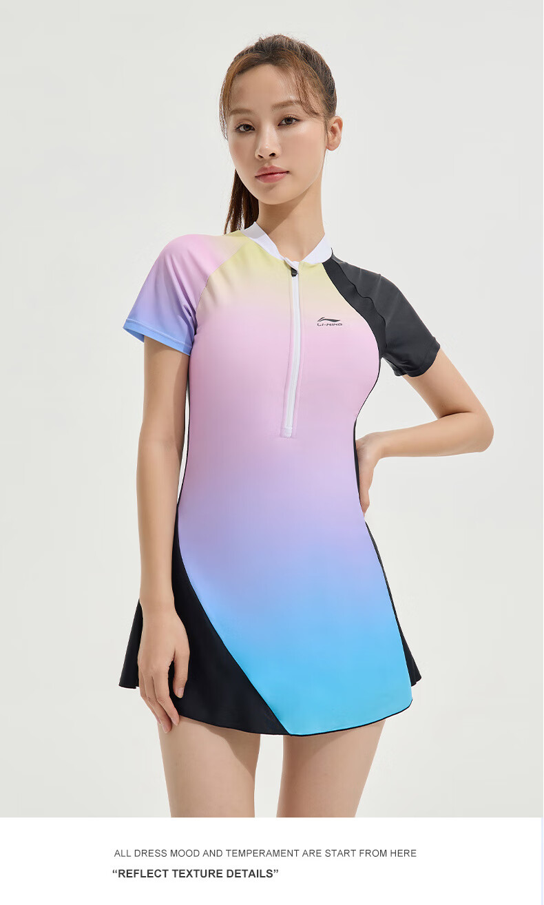 Li-Ning One-Piece Conservative Skirt-Style Swimsuit for Women, High-Elasticity Breathable Hot Spring Vacation Swimwear 025 Black Color L 15