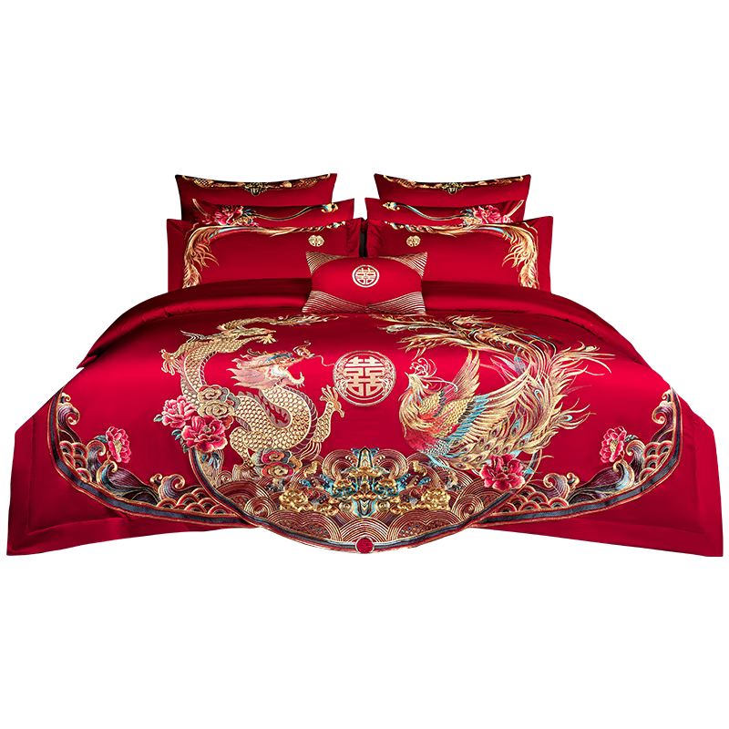 Shuixingjiafang Wedding Bedding Set of Ten Pieces, 60-Count Long-Staple Cotton, Red Wedding Bedding Set, Duvet Cover And Bed Sheet, New Wedding Gift, Embroidered, for 1.8m Bed