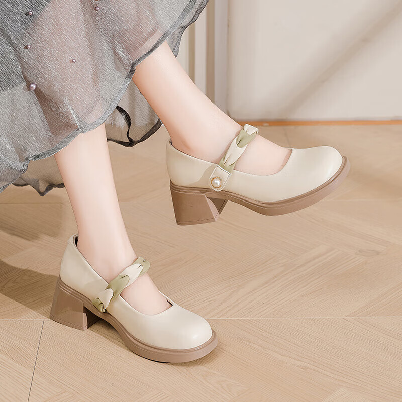 DAPHNE French Mary Jane Women's Shoes, 2026 New Style Shallow Mouth Elegant Pumps, Evening Shoes, Chunky Heel High Heels, Apricot Color, Size 38