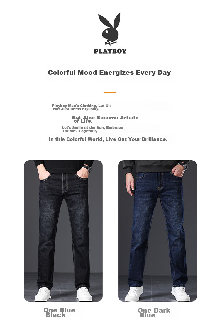 PLAYBOY Jeans for Men, Autumn Casual Pants, Loose Straight-Leg Trendy Menswear Trousers, Dark Blue, Size 32 2