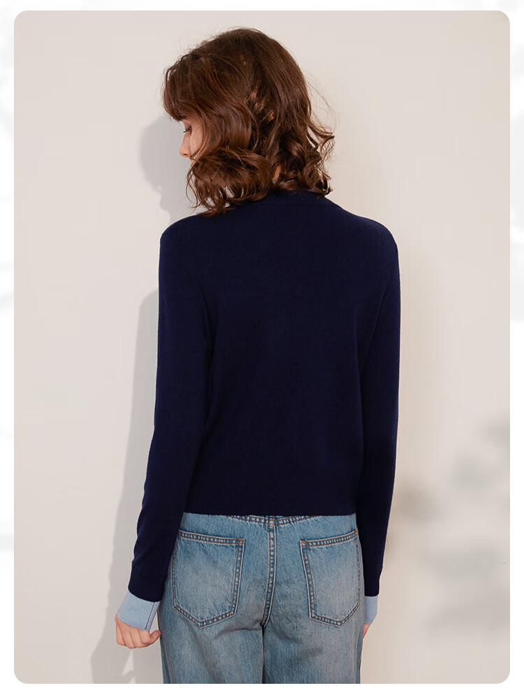 LOUISYAO Spring Autumn Two-Piece Colorblock Knit Round Neck Single-Breasted Long Sleeve Cardigan Women Navy Blue with Blue Patchwork 1 XL 12