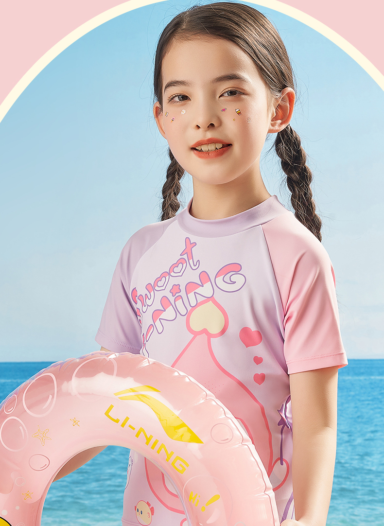 Li-Ning Children's Swimsuit, Girls' Two-Piece Sports Swimwear, Cartoon Design, Skin-Friendly, Quick-Drying, Swimming Costume, 903 Lavender Purple, Size 120 7