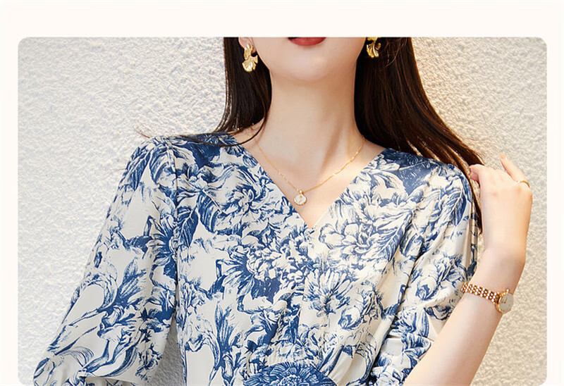 Dme [Mingyuan Faux Silk A-Line Dress] 2025 Summer V-Neck Printed Midi Dress for Wome 4