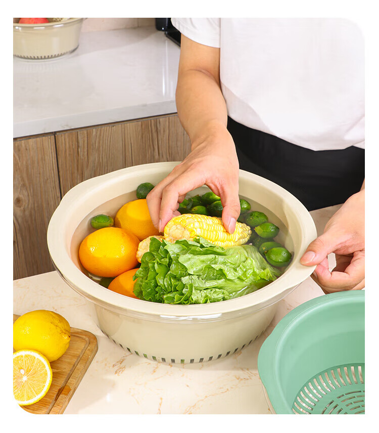 Bayco Vegetable Washing Basket, Draining Basket, Double-Layer Vegetable Washing Basin, Rice Washing Draining Basket, Strainer Basket, Fruit Washing Colander, Medium-Sized BX5240 15