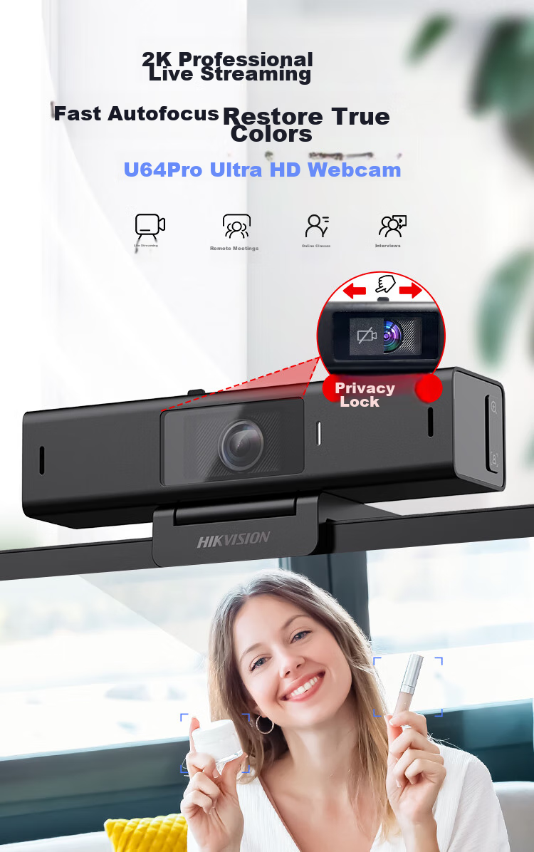 HIKVISION Live Streaming Camera, 2K HD with Microphone, Wide-Angle Smart Portrait Centering, USB Video Conference, Home Use, Live Streaming for E-commerce, U64 Pro 1