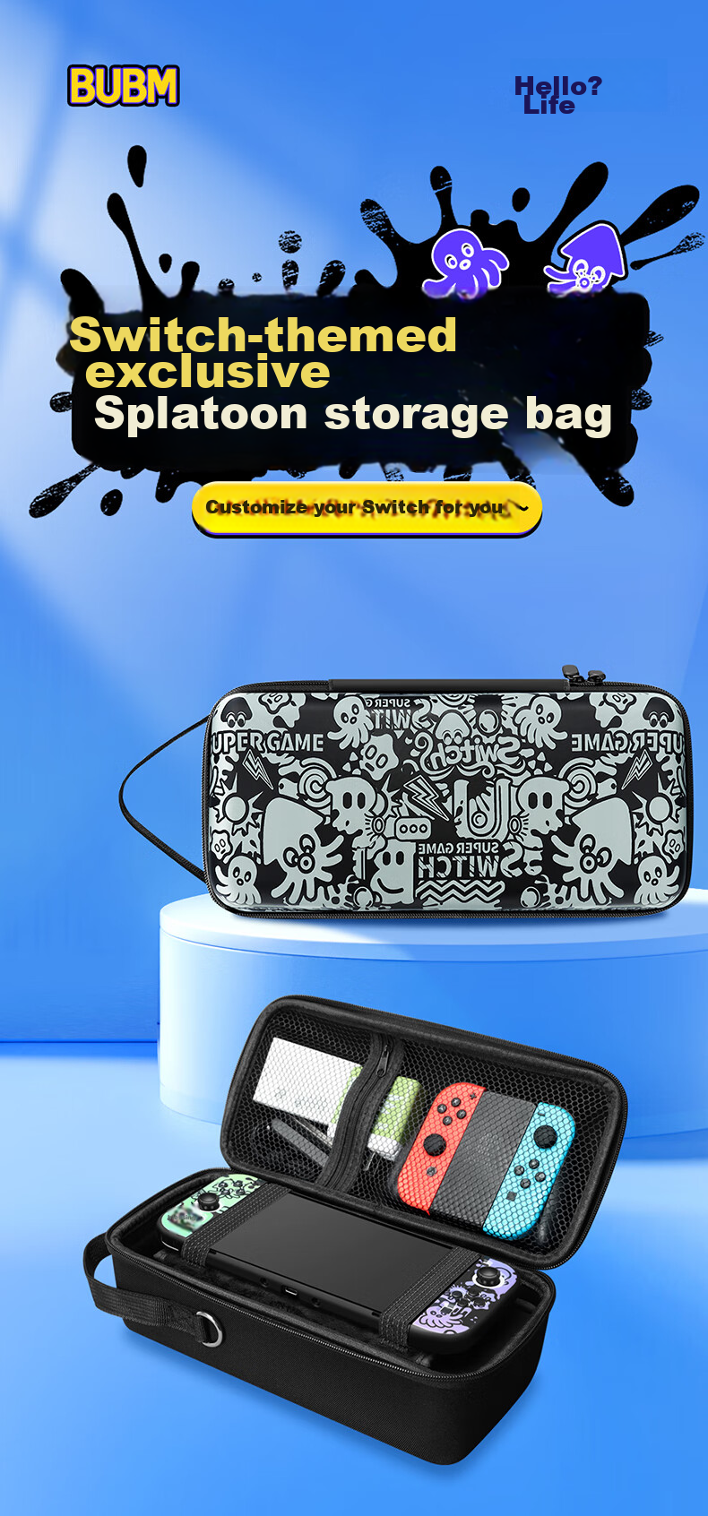 BUBM Switch Storage Case, NS Game Console Protective Cover, OLED Large Capacity Storage Box, Lite Charging Dock, Controller Strap Storage, Includes Joy-Con Caps, Splatoo 1