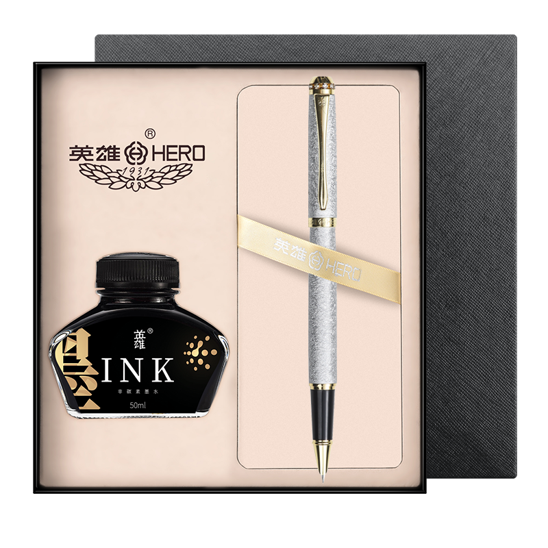 HERO Fountain Pen Gift Box Set, High-End Exquisite, for Men And Women, Adult Handwriting Practice, Birthday Gift, Business Present, 1520 Ink Gift Box, Velvet Sand Silver Color