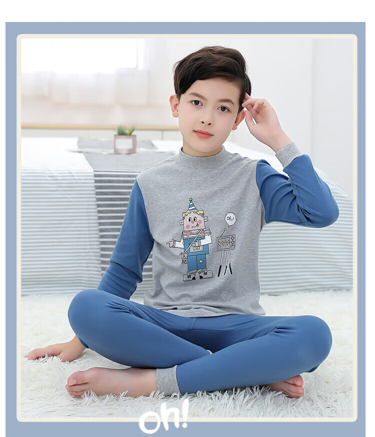 Hengyuanxiang Children's Underwear Set, Boys' Pure Cotton Turtleneck Autumn Top And Pants, Kids' Base Layer Cotton And Wool Set, Little Prince 150 19