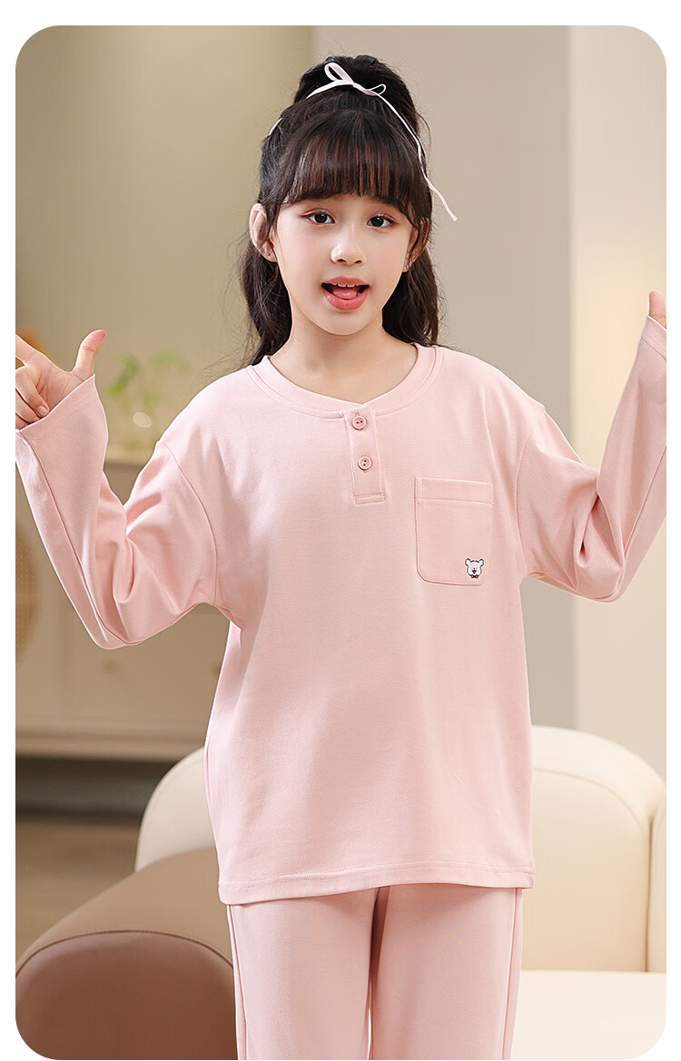 MiiOW Kids Pajamas Girls 40S Cotton 5A Antibacterial Homewear Set Half-Open Collar Long Sleeve Light Gray Green 140cm 6