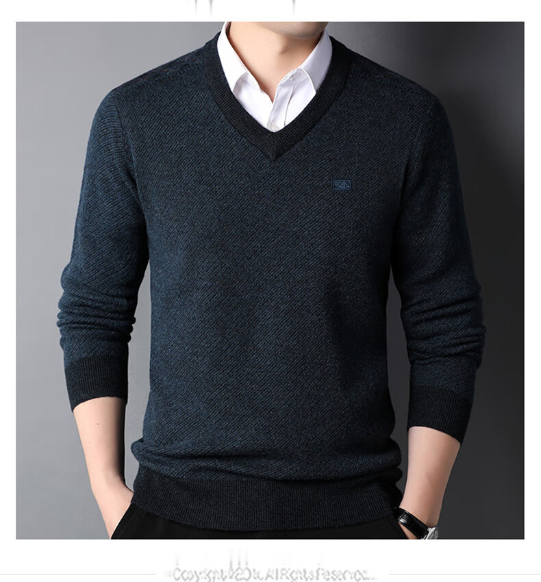 Hengyuanxiang 100% Pure Wool Men's V-Neck Thick Sweater Heart-Shaped Collar Men's Clothing 15213601 Blue Black 170/88A 1