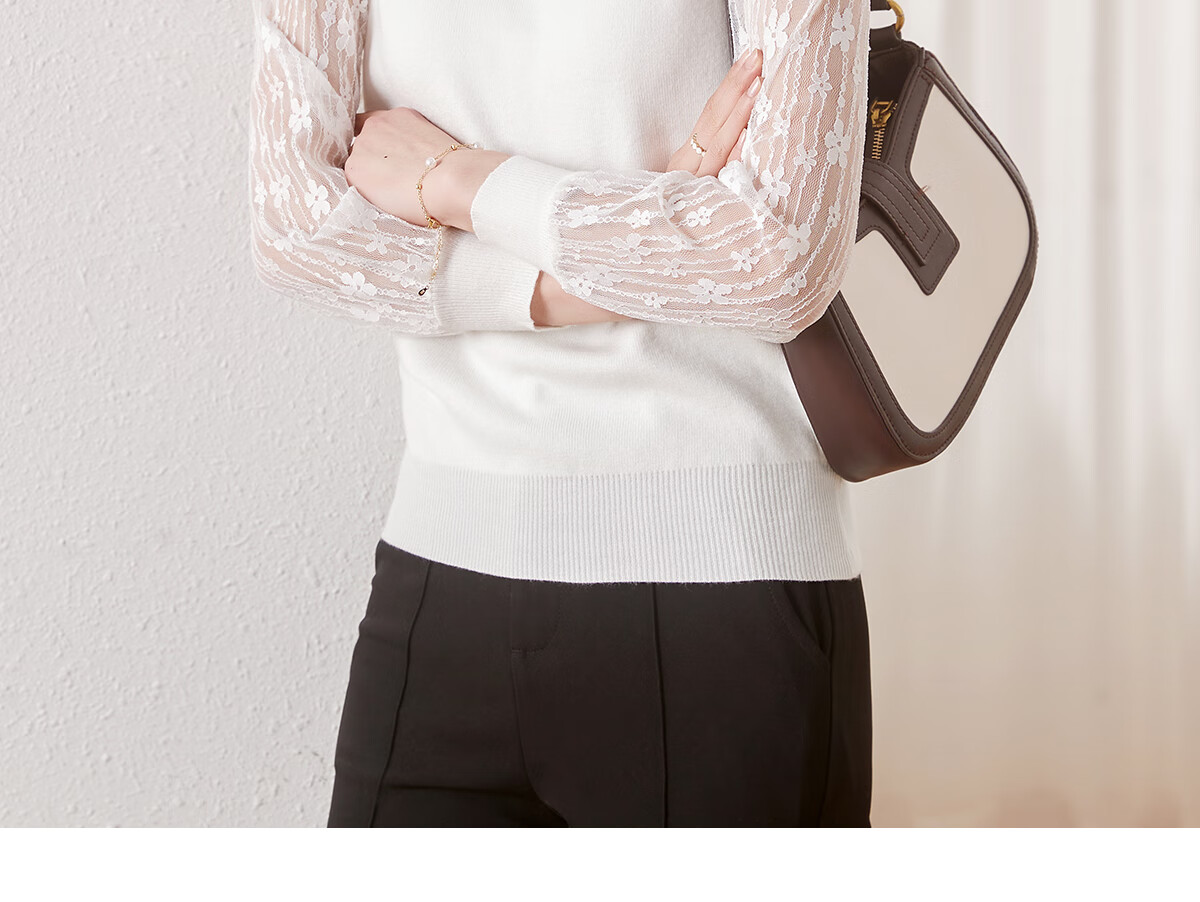 Chushen Thin Knit Sweater for Women, Fashionable Round Neck Elegant Lace Long-Sleeve Base Shirt Top S141Z3740 14
