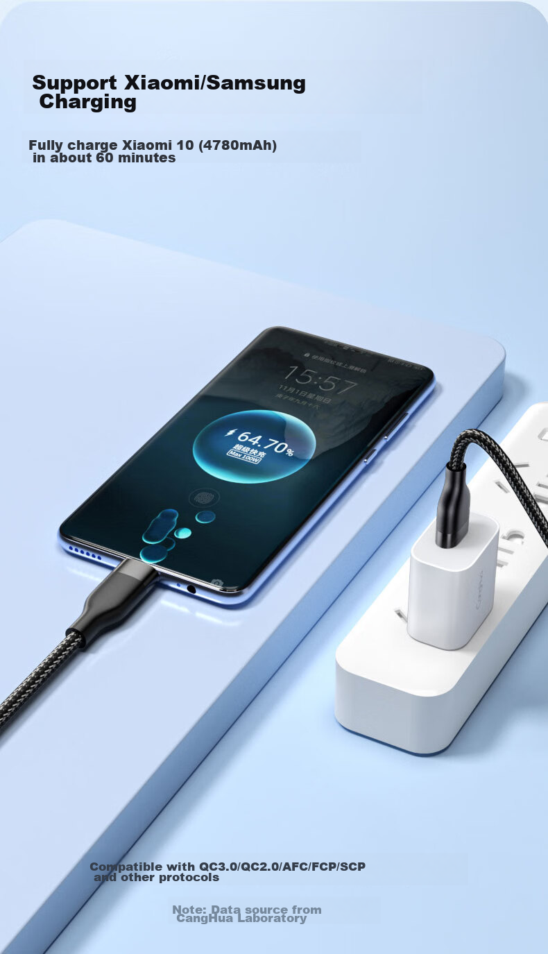 CangHua Three-In Charging Cable, 2 Meters, 6A Fast Charge 100W, Multi-Head 88W, Compatible with Apple Type-C, Android IPhone 18/17/16, Huawei, Xiaomi Phones 7