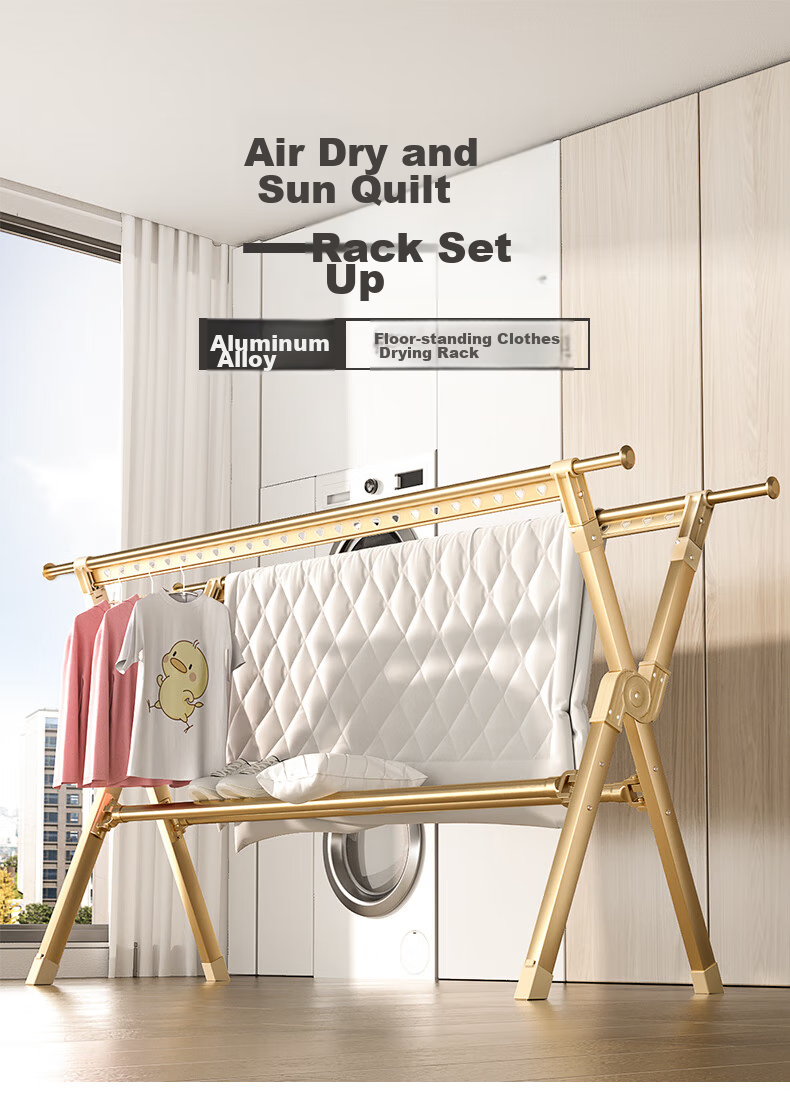 HKG Folding Aluminum Alloy Clothes Drying Rack, Extendable Indoor Balcony Household Clothes And Quilt Drying Stand, Clothes Hanger 2