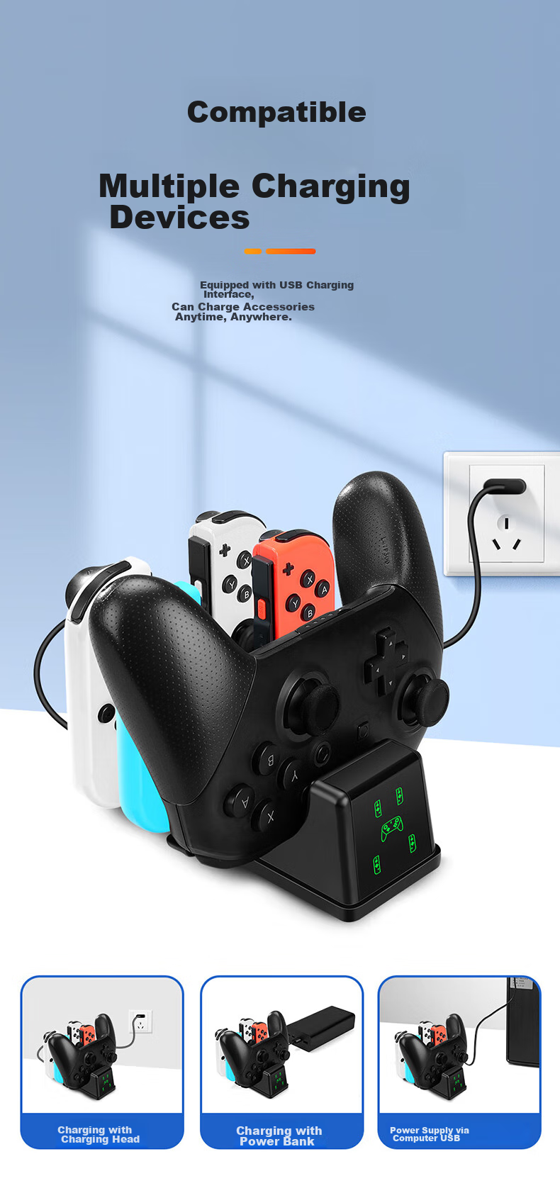 BUBM Switch Game Controller Charger Joy-Con/Pro Controller Charging Dock NS/OLED Stand Base Supports Four Controllers + Pro Simultaneous Charging 9