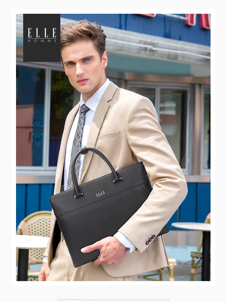 ELLE HOMME Men's Business Briefcase, Handheld Work Bag Horizontal Style Top Layer Cowhide Laptop Bag Large Capacity Fashionable Men's Bag EA888200411 Black 1