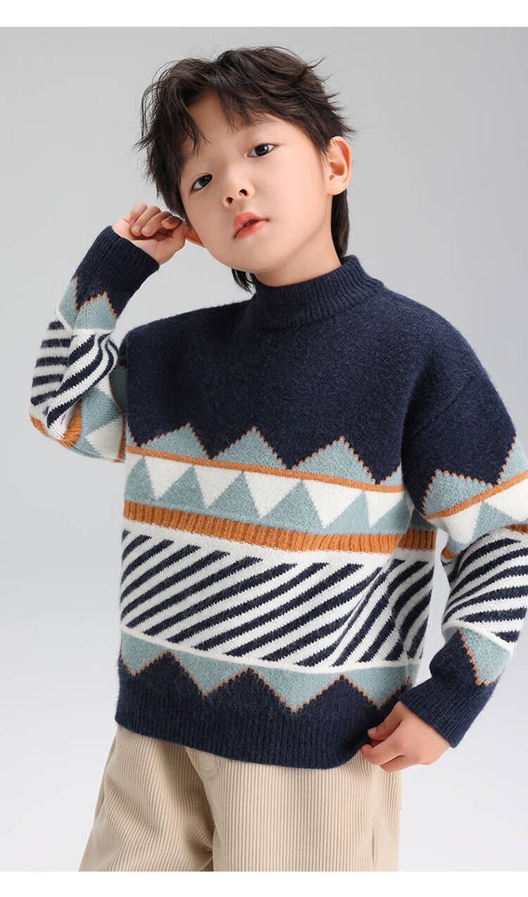Zuoxi Boys' Sweater, Children's Thickened Autumn And Winter 2025 New Style, Boys' Knitted Sweater, Winter Pullover, Navy Blue, Size 160 14