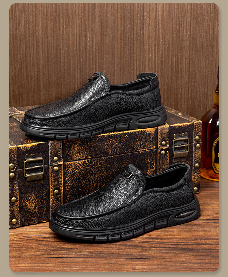 LAORENTOU Men's Business Casual Leather Shoes Thick Sole Cowhide Loafers Wedding Shoes Dad Slip-On LA11539 Black Size 38 8
