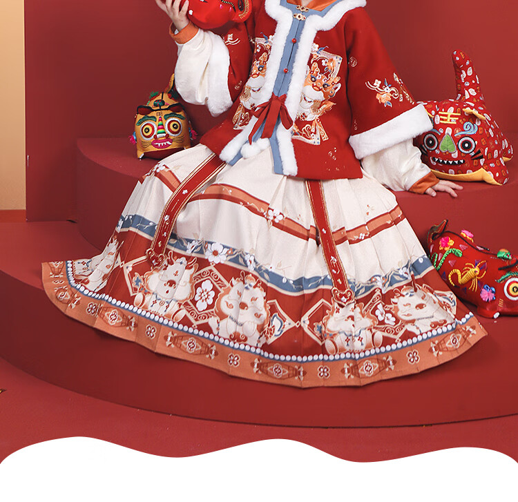 Qibo Girls' New Year Outfit, Winter Hanfu for Children, 2026 New Style Ming Dynasty Horse-Face Skirt, New Year Greeting Costume, Little God of Wealth, Size 150 7