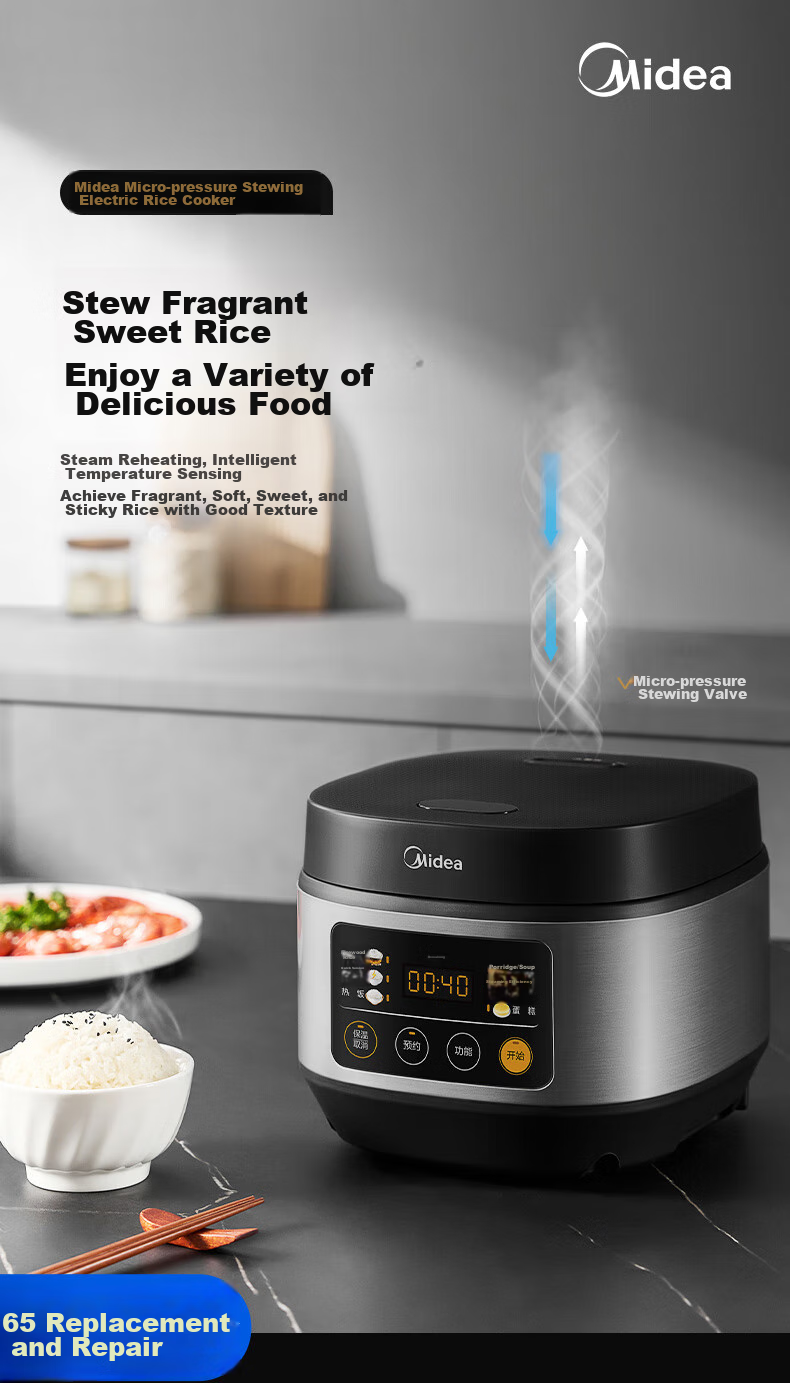 Midea Low-Sugar Rice Cooker, Non-Coated 3L Capacity for 2-3 People, Non-Coated 316L Stainless Steel Inner Pot, One-Touch Firewood Rice, Multi-Functional for Home Use MB-3E91LS 1