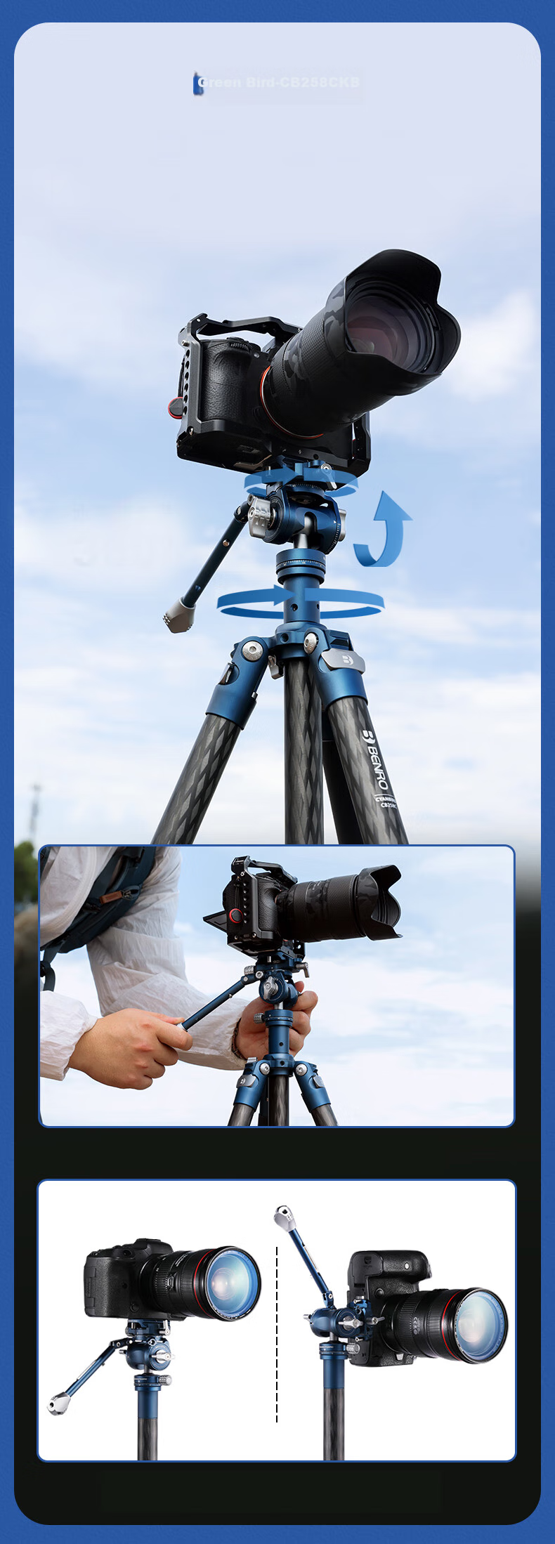 Benro CB259CFK, Professional Photography And Video Live Streaming Dual-Level Tripod with Handle, Hydraulic Head, Mirrorless And DSLR Camera Portable Plate Clamp Flat Tube Carbon Fiber Tripod Kit 6