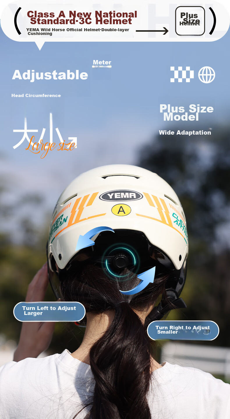 YEMA 3c Certified New National Standard Class A 365S Electric Scooter Helmet, Summer Half-Helmet for Men And Women, Large Size for Big Head Circumference, Motorcycle Safety Helmet, Khaki with Transparent Long Visor 10