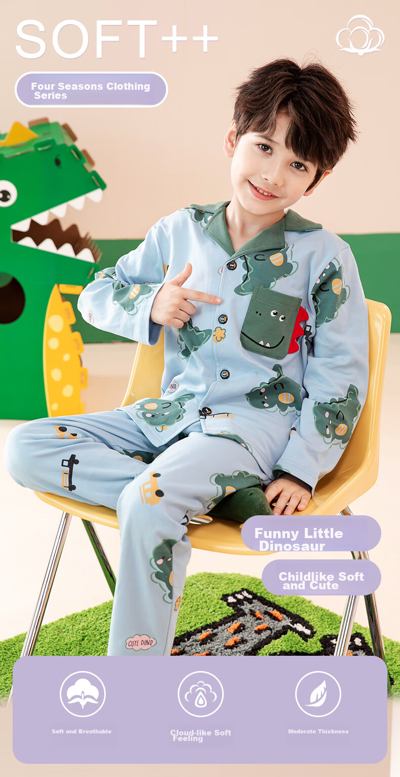 Fenteng Children's Pajamas for Boys, Pure Cotton Spring Season Sleepwear, Can Be Worn Outside, Boys' Loungewear 1