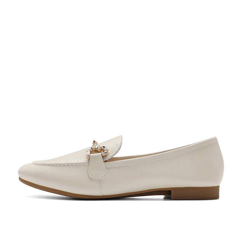 Belle Sheepskin English Style Loafers, Flat Heel Peas Shoes for Women, Spring And Summer Small Leather Shoes, Retro Flats A7H1D, Beige, Size 34