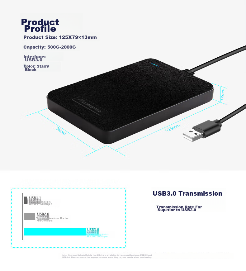 Newsmy 500GB Portable Mechanical Hard Drive StarFeng S Series USB 3.0 Hidden Cable Compartment 2.5 Inch Black Data Backup Large USB Drive 4