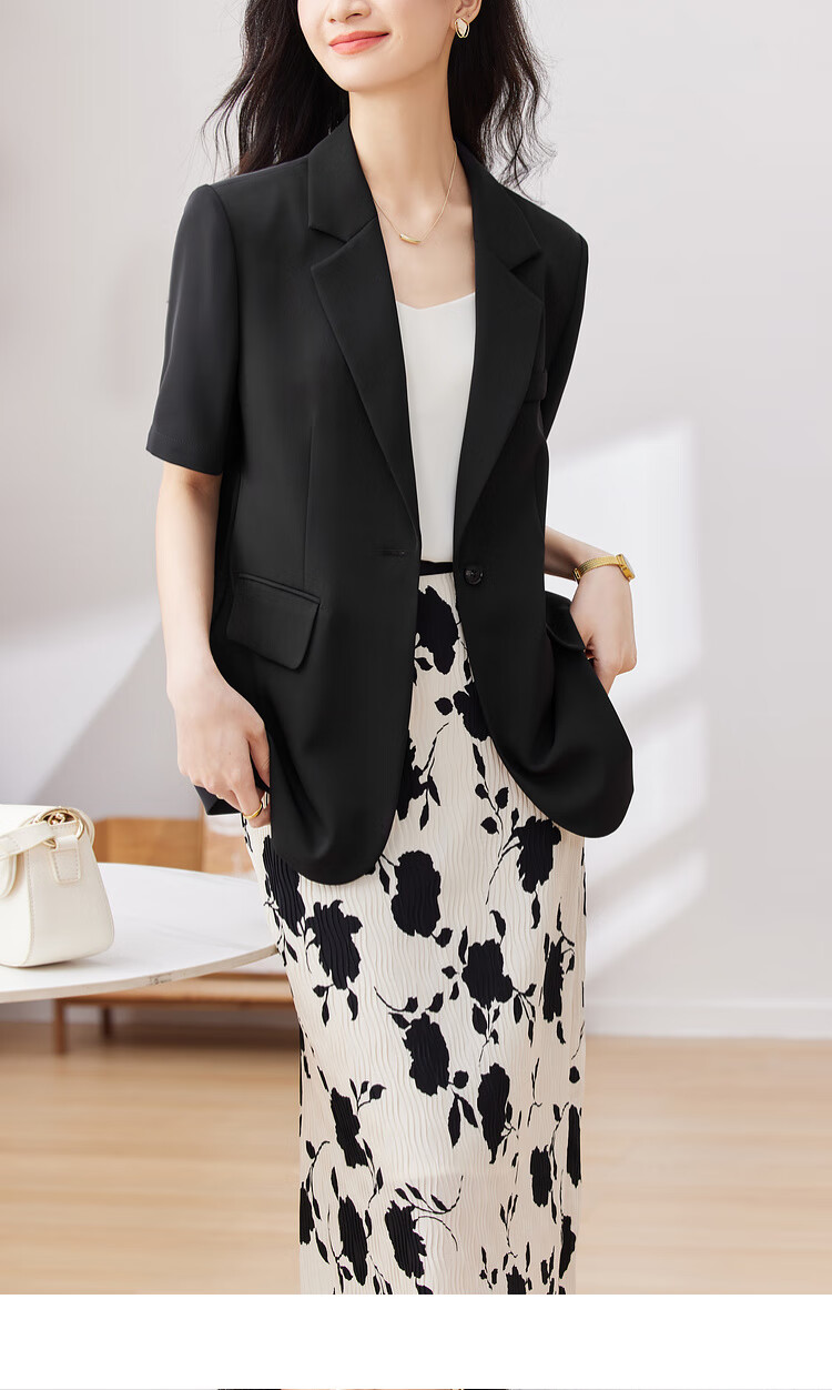 Sentubila Three-Dimensional Draping Summer Casual Short-Sleeve Blazer for Women, Elegant Office Suit Jacket, Black, S 21
