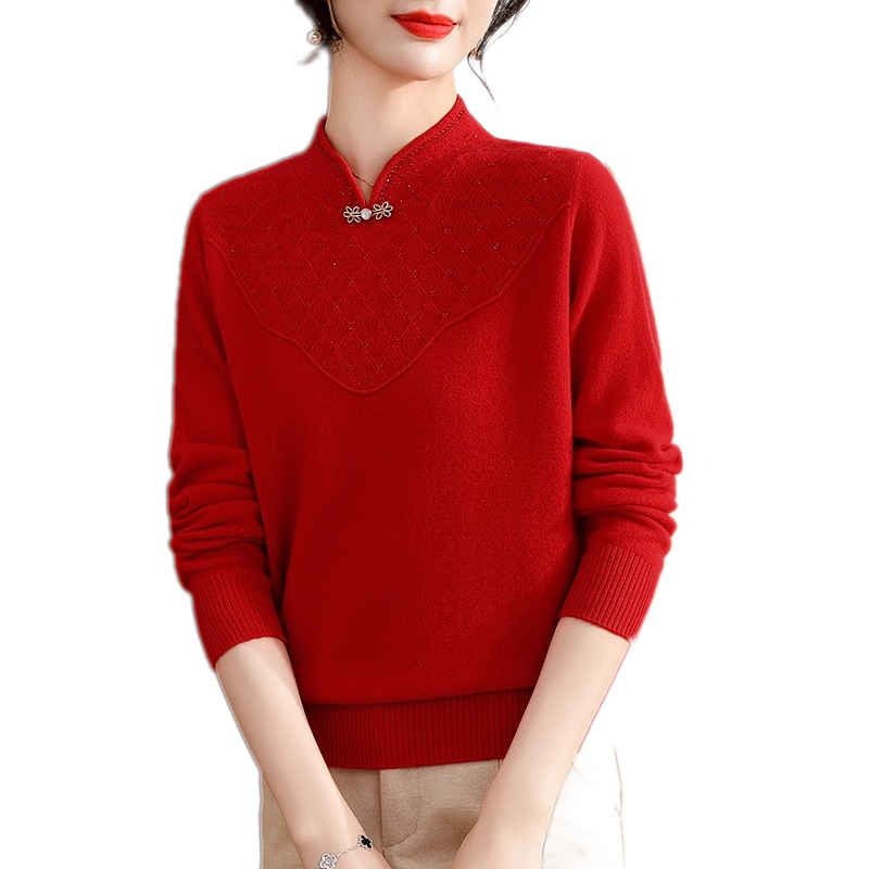 Hengyuanxiang Women's 100% Pure Wool Sweater, New Chinese Style Middle-Aged Mom's Outfit, 50-60 Years Old Stylish Zodiac Year Base Layer Red Sweater