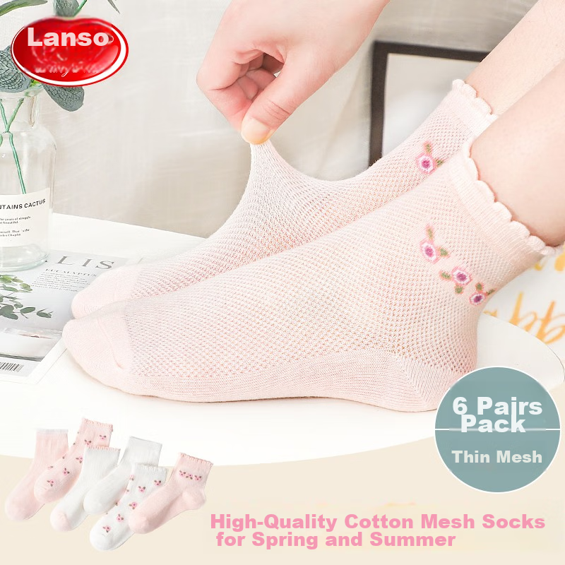 LangSha Children's Socks, Girls' Spring And Summer Thin Mid-Calf Cotton Socks, Comfortable Breathable Socks for Older Children, Versatile Short Socks, 6 Pairs