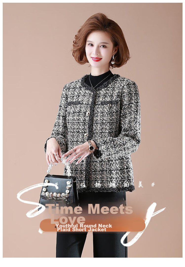 QianLian Mom's Spring Short Jacket, Middle-Aged Women's Chanel-Style Long-Sleeve Top, Middle-Aged And Elderly Spring And Autumn Casual Low-Heel Blazer 2