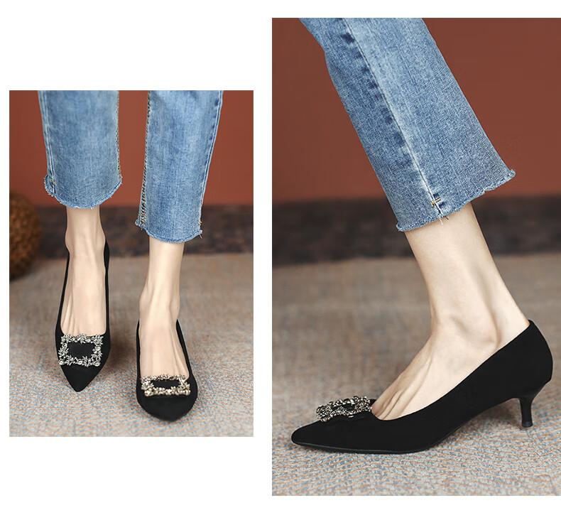 CARTELO Rhinestone Pointed Toe Pumps with Snowflake Buckle, KCC-6688 Black (3cm), Size 38 6
