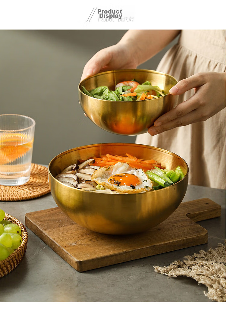 Quanshi Korean Stainless Steel Cold Noodle Bowl, 20cm Large Soup Bowl, Ramen Bowl, Korean Bibimbap Serving Bowl, Salad Bowl, Gold Color 9