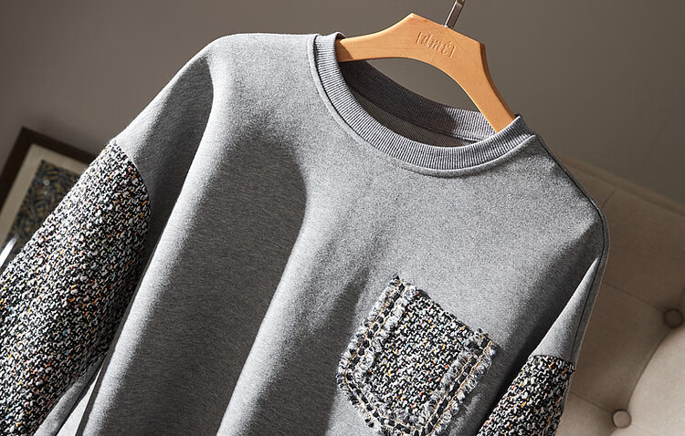 Dme Simple Color-Block Elegant Fleece-Lined Sweatshirt, Autumn And Winter Cotton Round Neck Loose Women's Top, Gray Fleece, XL 7