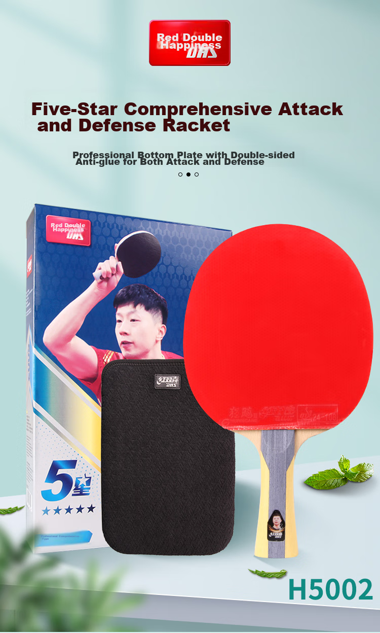 DHS Table Tennis Racket, 5-Star Penhold Grip, Single Racket, Kuangbiao 3 Rubber, Double-Sided Reverse Rubber H5002, Includes Table Tennis Balls 1