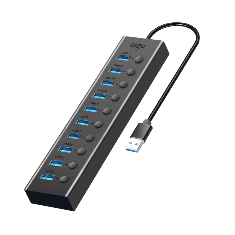 Aigo USB Hub with Ten Ports, Independent Power Supply Control, USB 3.0 Expansion Dock, Laptop Converter, USB Extension Cable Adapter H10 (Metal)