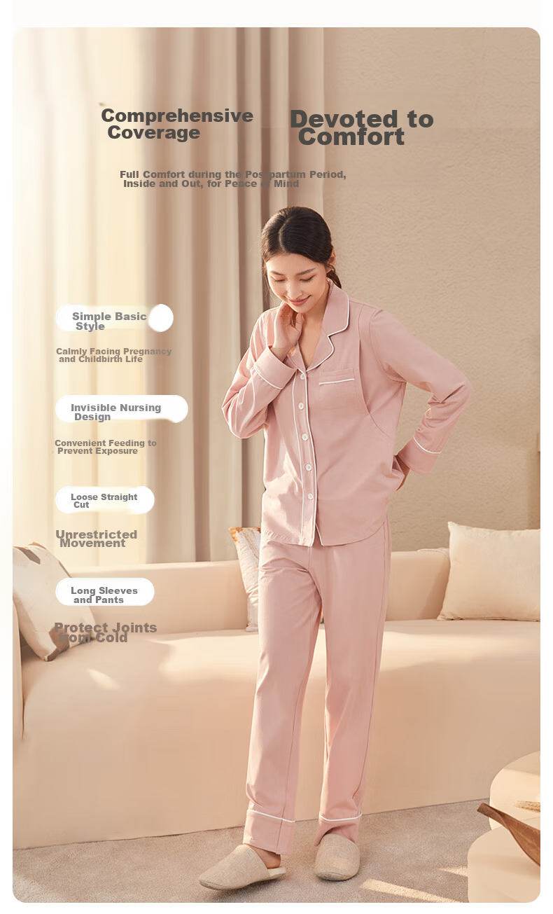 Shiyuejiejing Maternity Pajamas Spring And Autumn Cotton Postpartum Nursing Loungewear Set, Light Pink, Size M 3