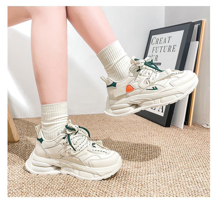 Huili Women's Thick-Soled Dad Shoes, Versatile Casual Shoes, Retro Sports Trendy Shoes, F546C, Beige/green, Size 37 9