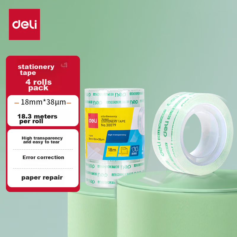 Deli Transparent Easy-Tear Tape 18mm*18m High Adhesive Small Tape Back-To Essential School Supplies Error Correction Student Stationery 4 Rolls/tube Office Supplies 30079