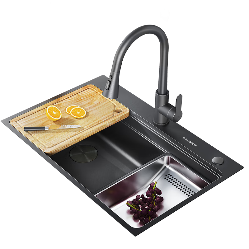 HIGOLD Kitchen Sink, Double-Step Black Titanium Nano 304 Stainless Steel Large Single Bowl, Vegetable Washing Basin, Dishwashing Sink, Faucet Set