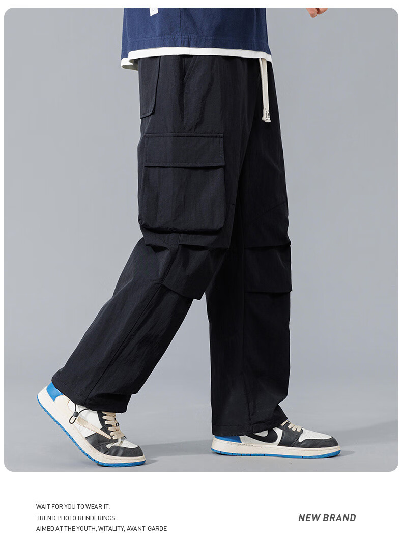 Dingfengbaoluo American-Style Cargo Casual Pants for Men, Spring And Summer Trendy Versatile Loose Paratrooper Tactical Trousers, DDF32 Black M 15