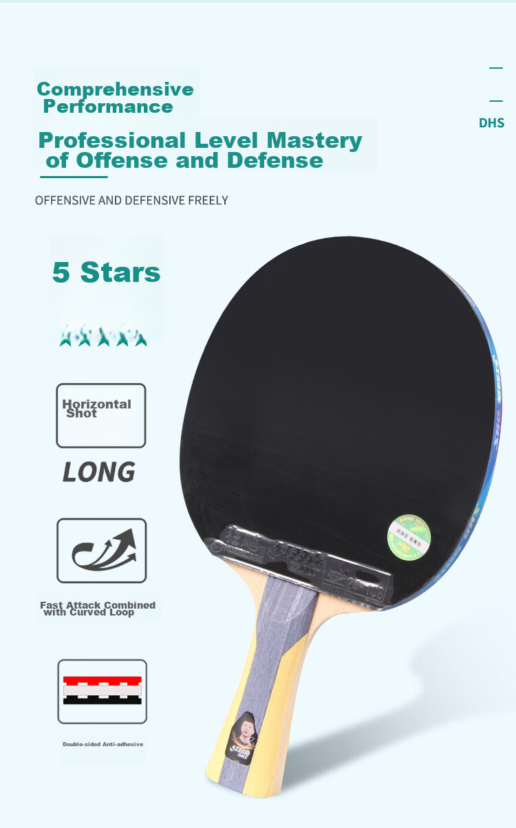 DHS Table Tennis Racket, 5-Star Penhold Grip, Single Racket, Kuangbiao 3 Rubber, Double-Sided Reverse Rubber H5002, Includes Table Tennis Balls 3